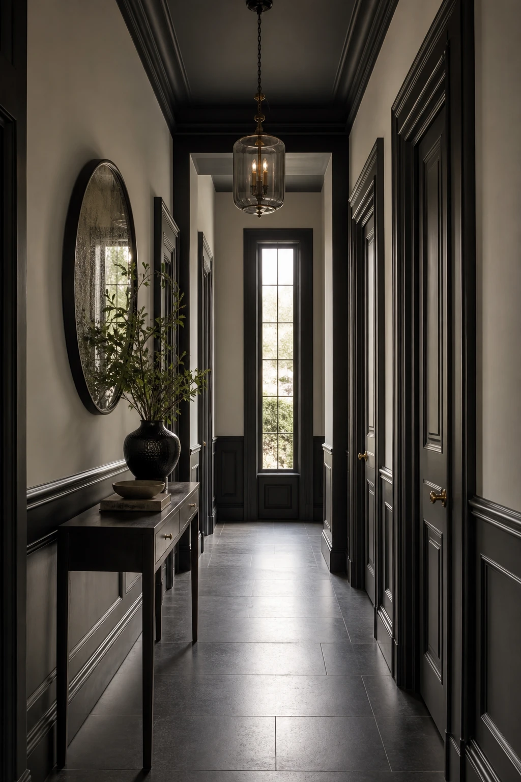 Pale hallway with dark charcoal mouldings, picture rail, skirting boards and architrave creating bold contrast against soft light walls