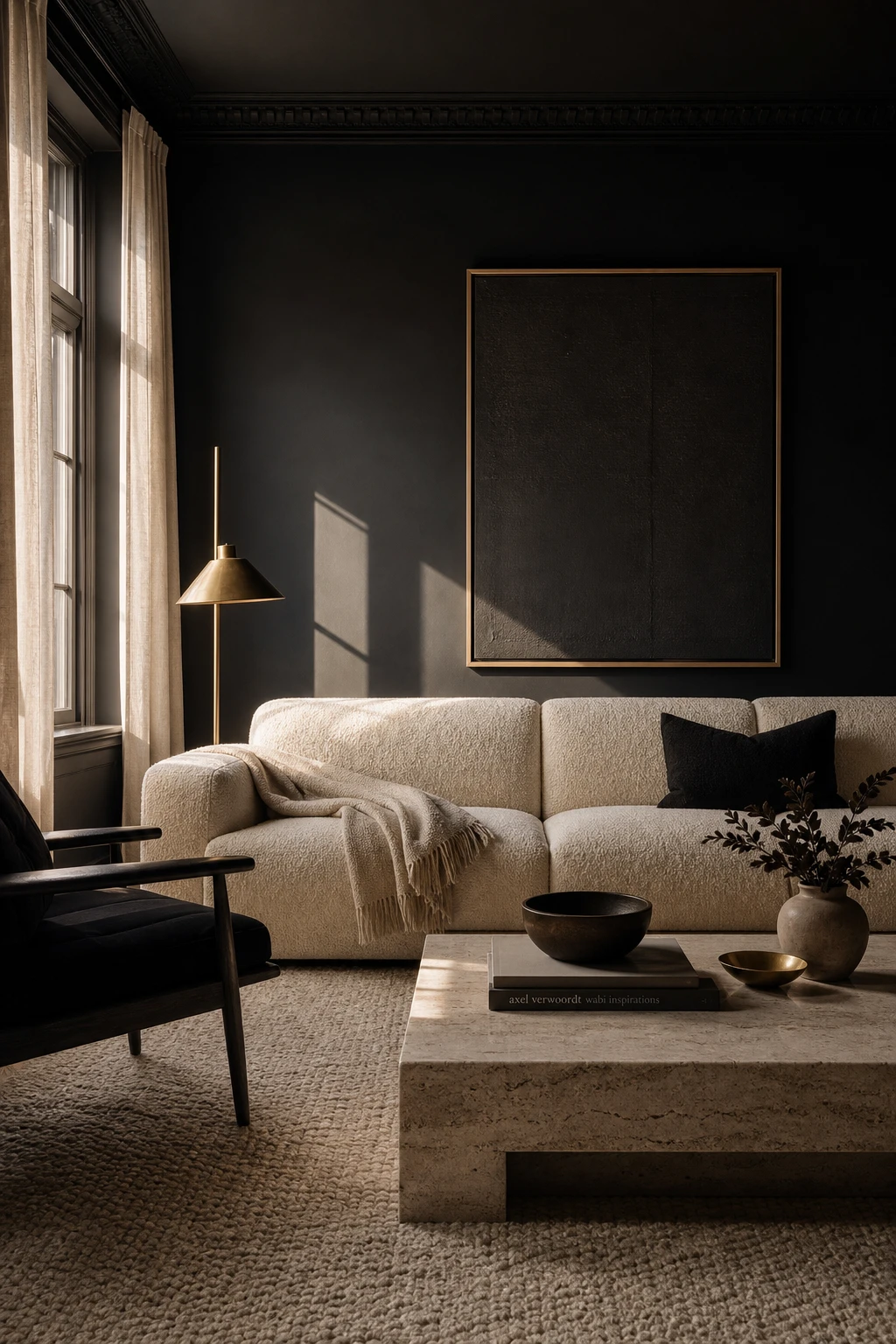 Quiet luxury black and cream living room with deep black walls, cream bouclé sofa, brass details, and natural light from tall windows