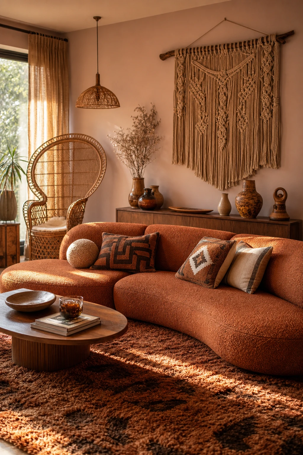 Retro boho brown and orange living room with curved vintage sofa, macrame wall hanging, rattan furniture, patterned cushions and warm afternoon light