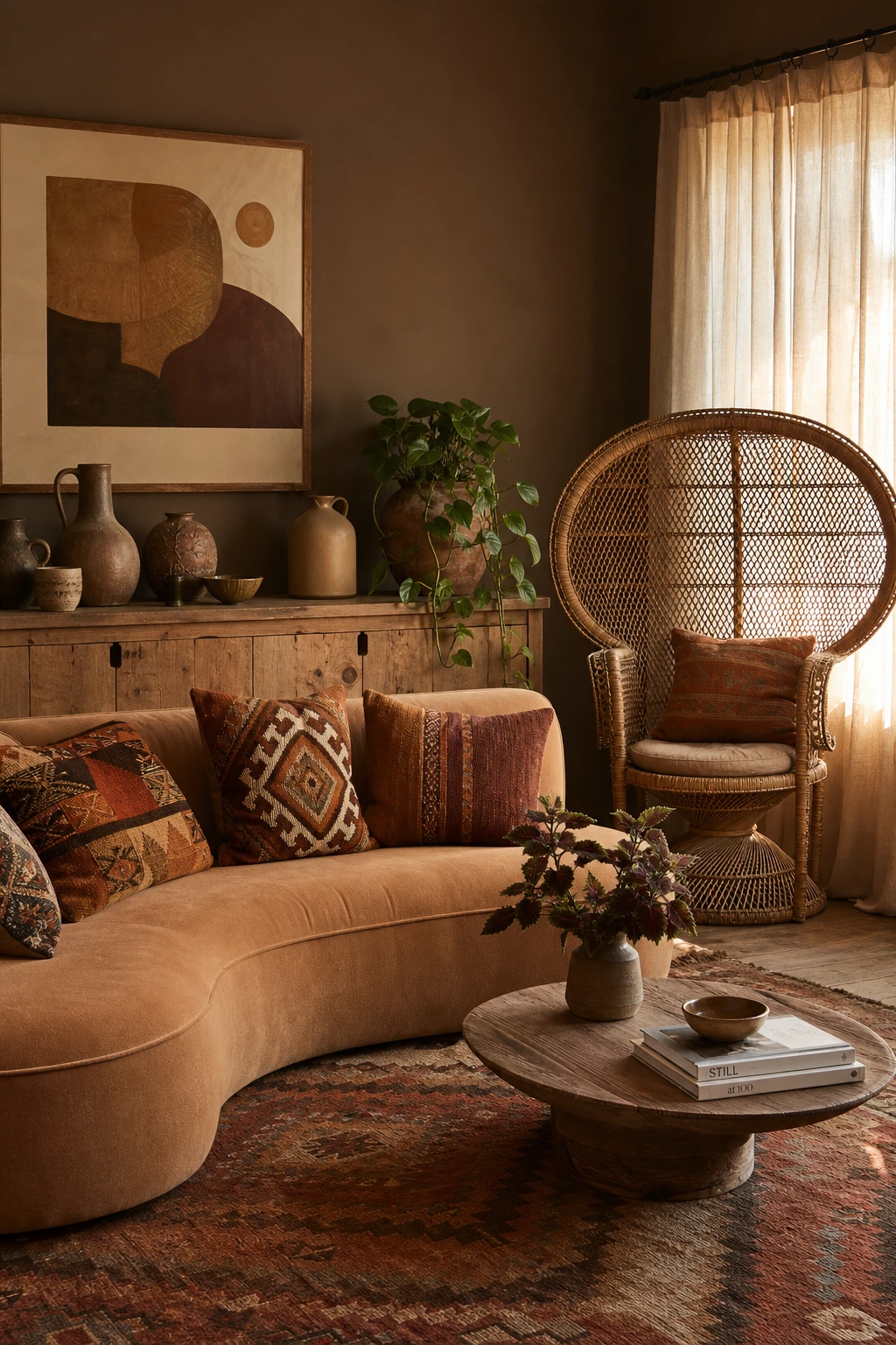 Retro boho brown and orange living room with vintage patterned textiles, rattan furniture, warm earthy walls and layered eclectic accessories in natural light