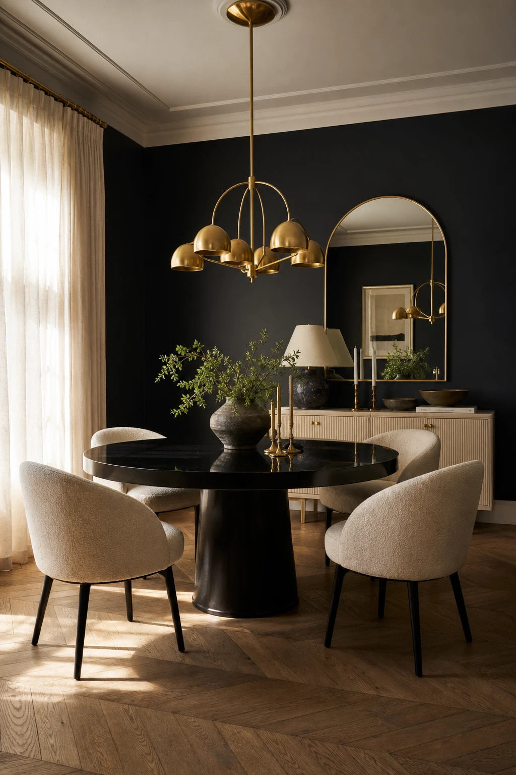 Round black dining table centred in a cream dining room with Farrow and Ball Liquorice walls, linen chairs, brass chandelier and herringbone oak floor