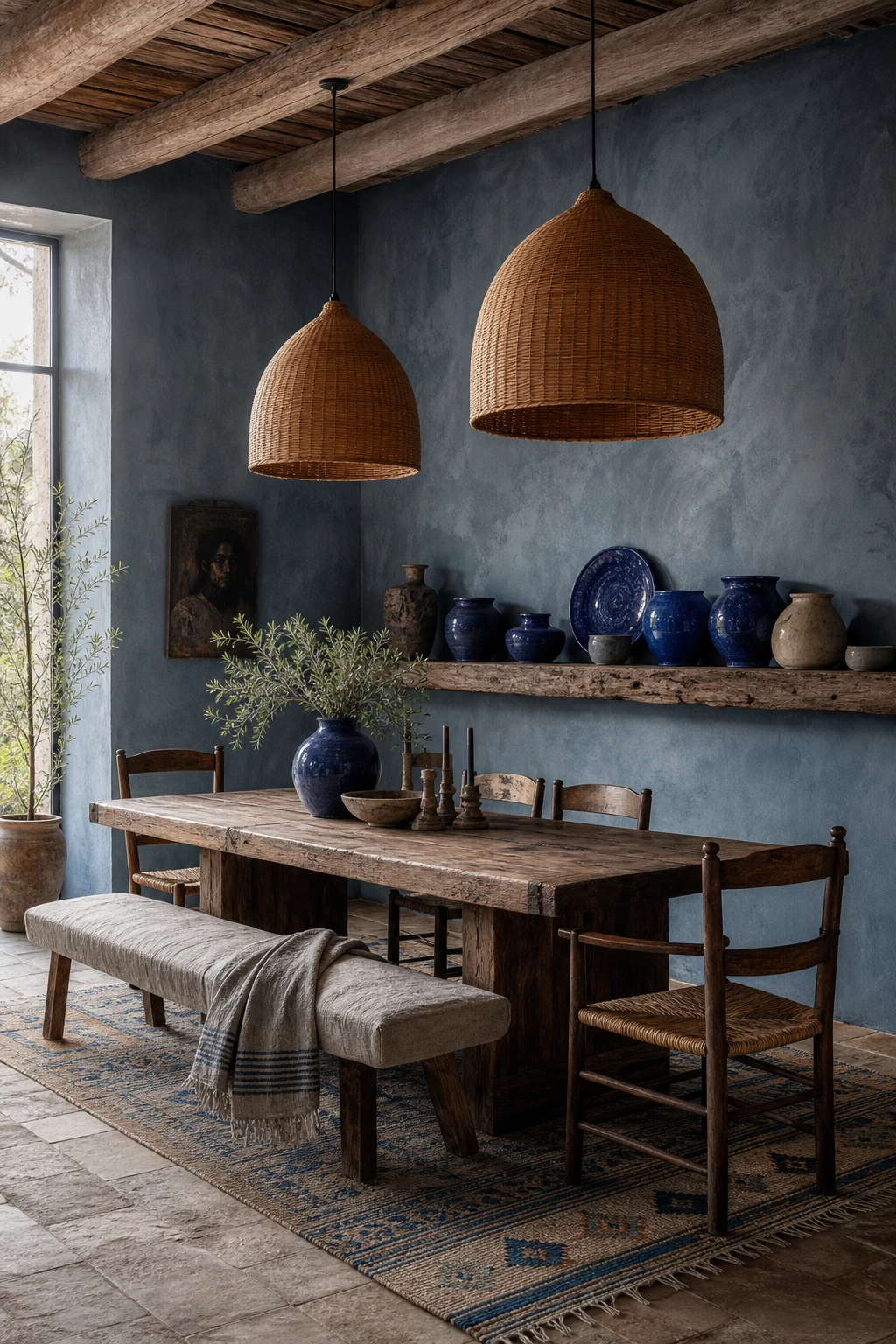 Rustic blue boho dining room with raw plaster walls painted Stone Blue, chunky pottery, aged timber table, woven pendants, and linen curtains in warm afternoon light