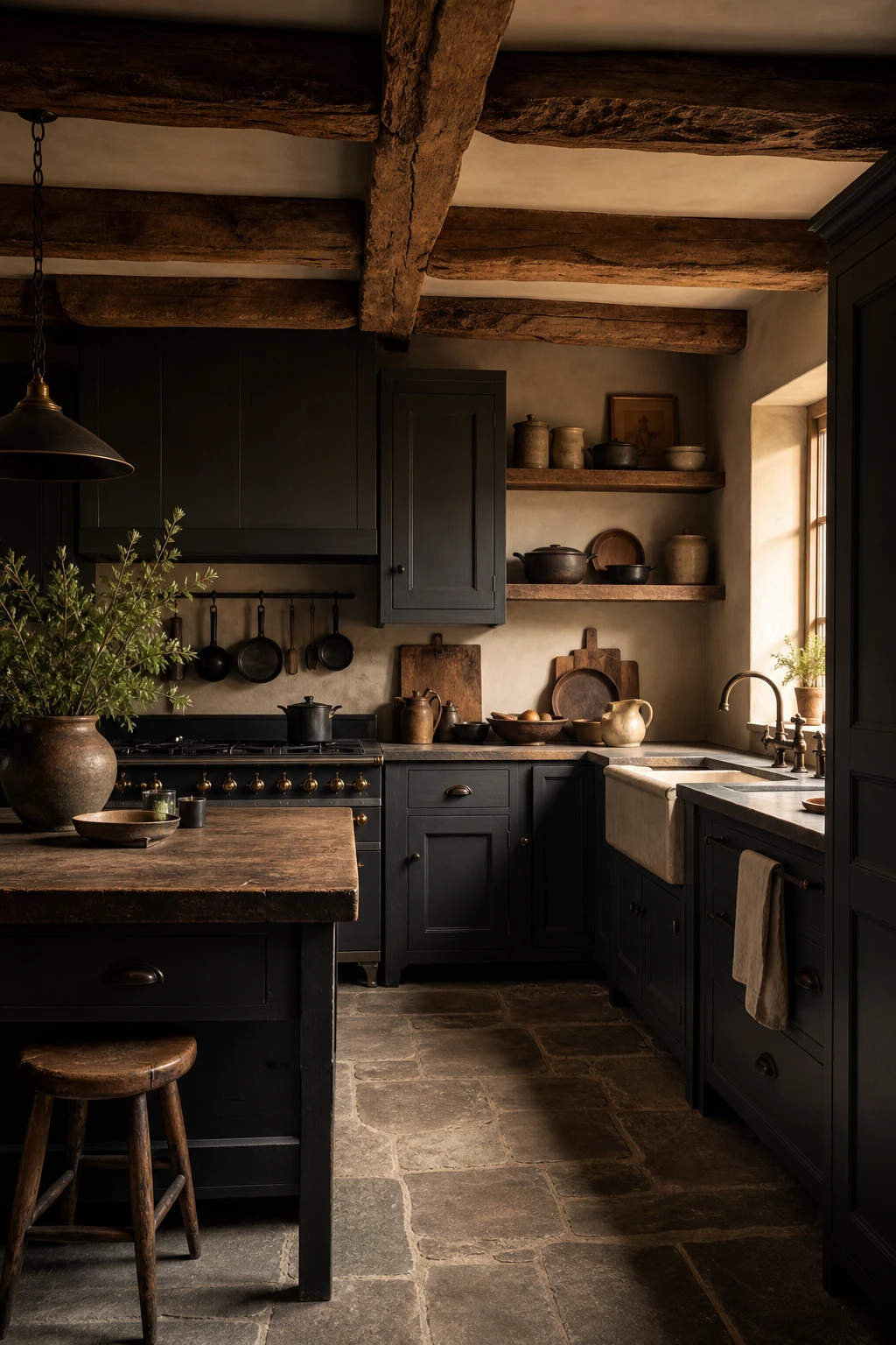 Rustic charcoal gray kitchen with dark cabinetry, exposed wooden beams, stone countertops, and warm amber lighting creating an earthy, layered atmosphere