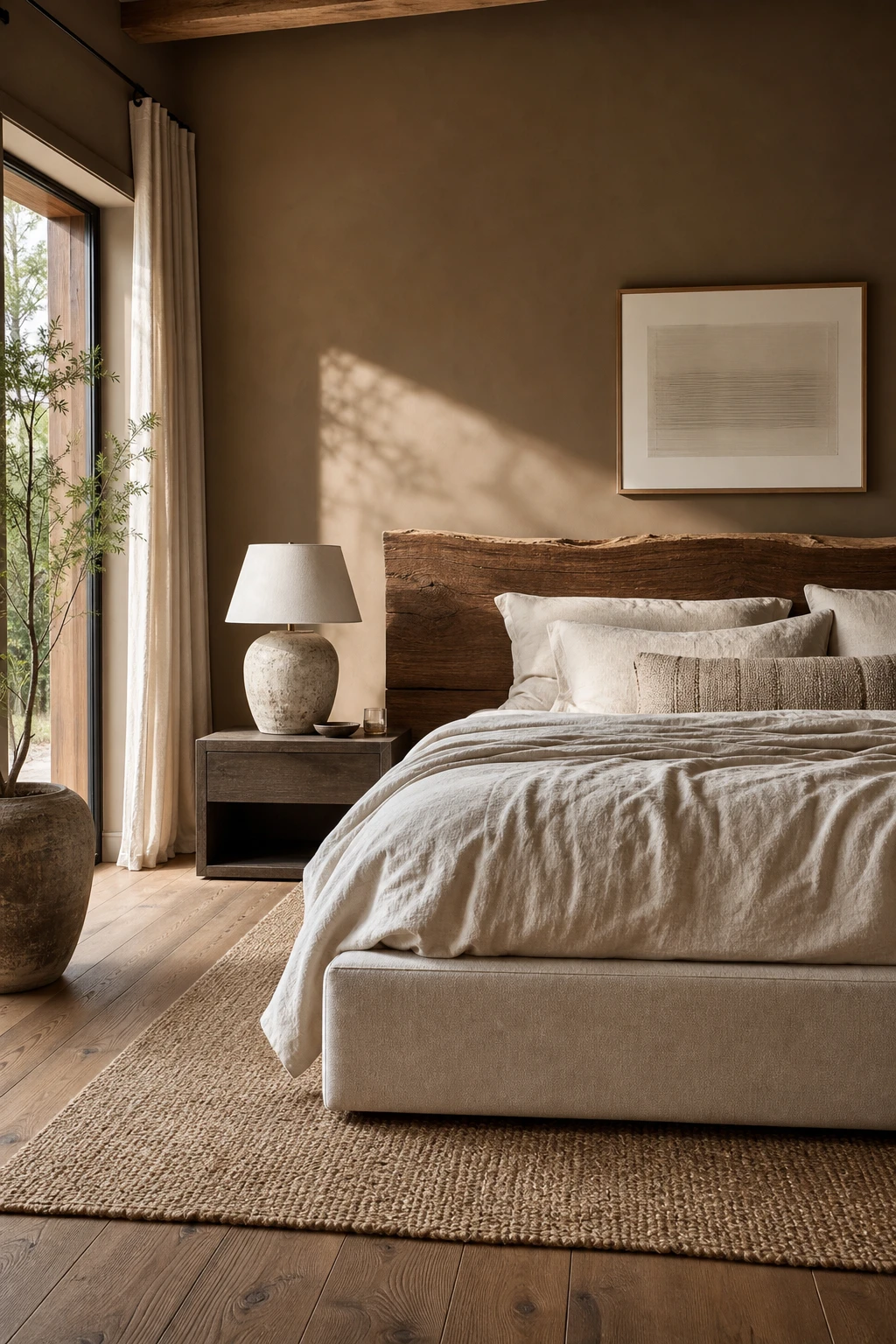 Rustic modern brown and cream bedroom with rough timber headboard, clean lined furniture, linen bedding and Farrow & Ball Salon Drab walls in warm natural light