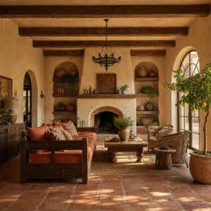 Rustic Spanish decor living room with Saltillo tile floors, limewash walls, hand-hewn timber ceiling beams, an arched stucco fireplace and a wrought iron chandelier in warm late afternoon light.