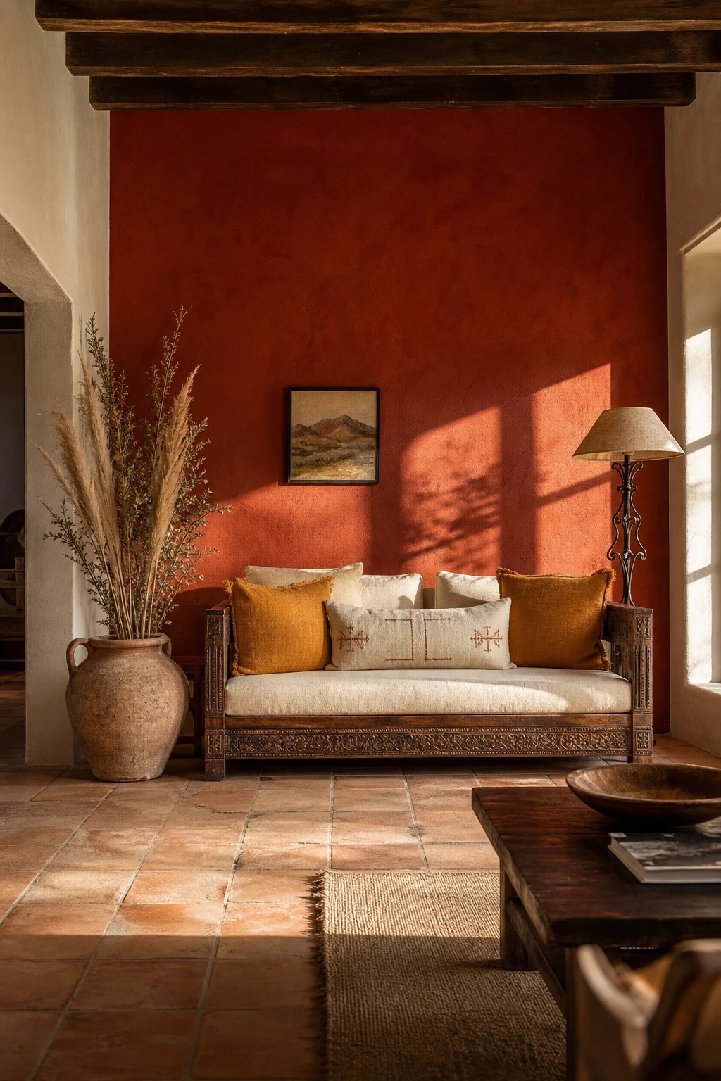 Rustic Spanish decor living room with a bold rust feature wall painted Farrow & Ball Etruscan Red anchoring warm terracotta and wood furnishings