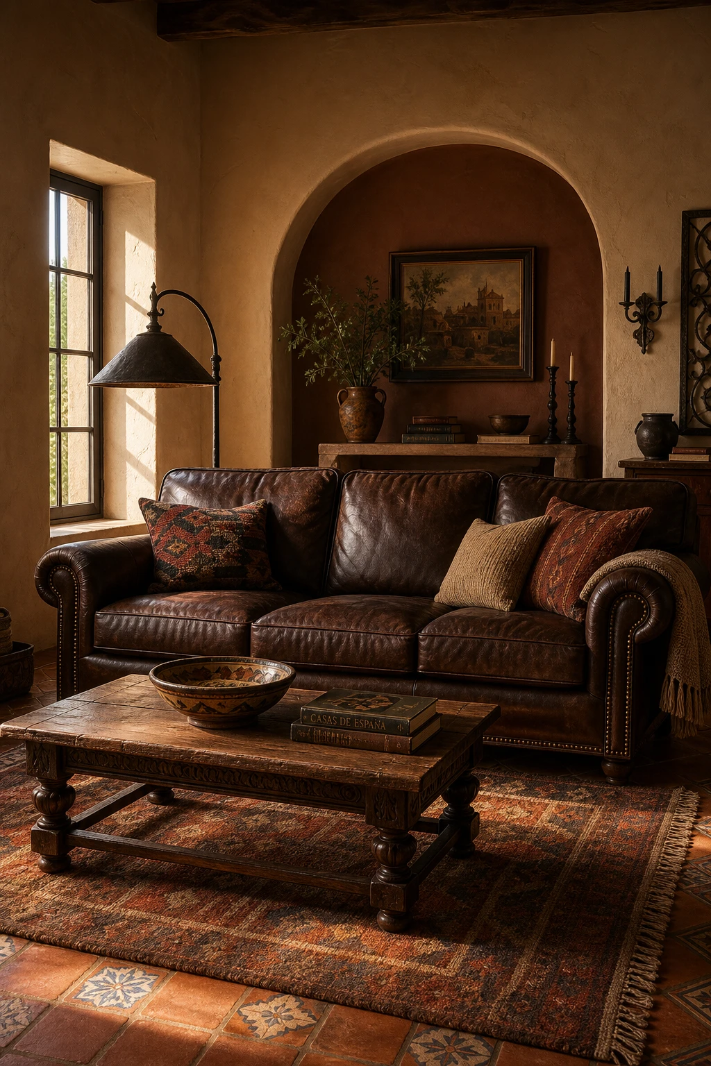 Rustic Spanish decor living room with a dark brown leather sofa as the focal point, terracotta tile floor, arched alcove, and warm afternoon light