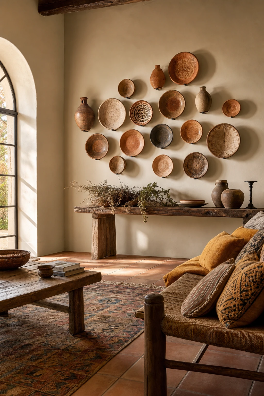 Rustic Spanish decor living room with a gallery wall of handmade pottery vessels in warm terracotta and cream tones against Farrow and Ball String painted walls