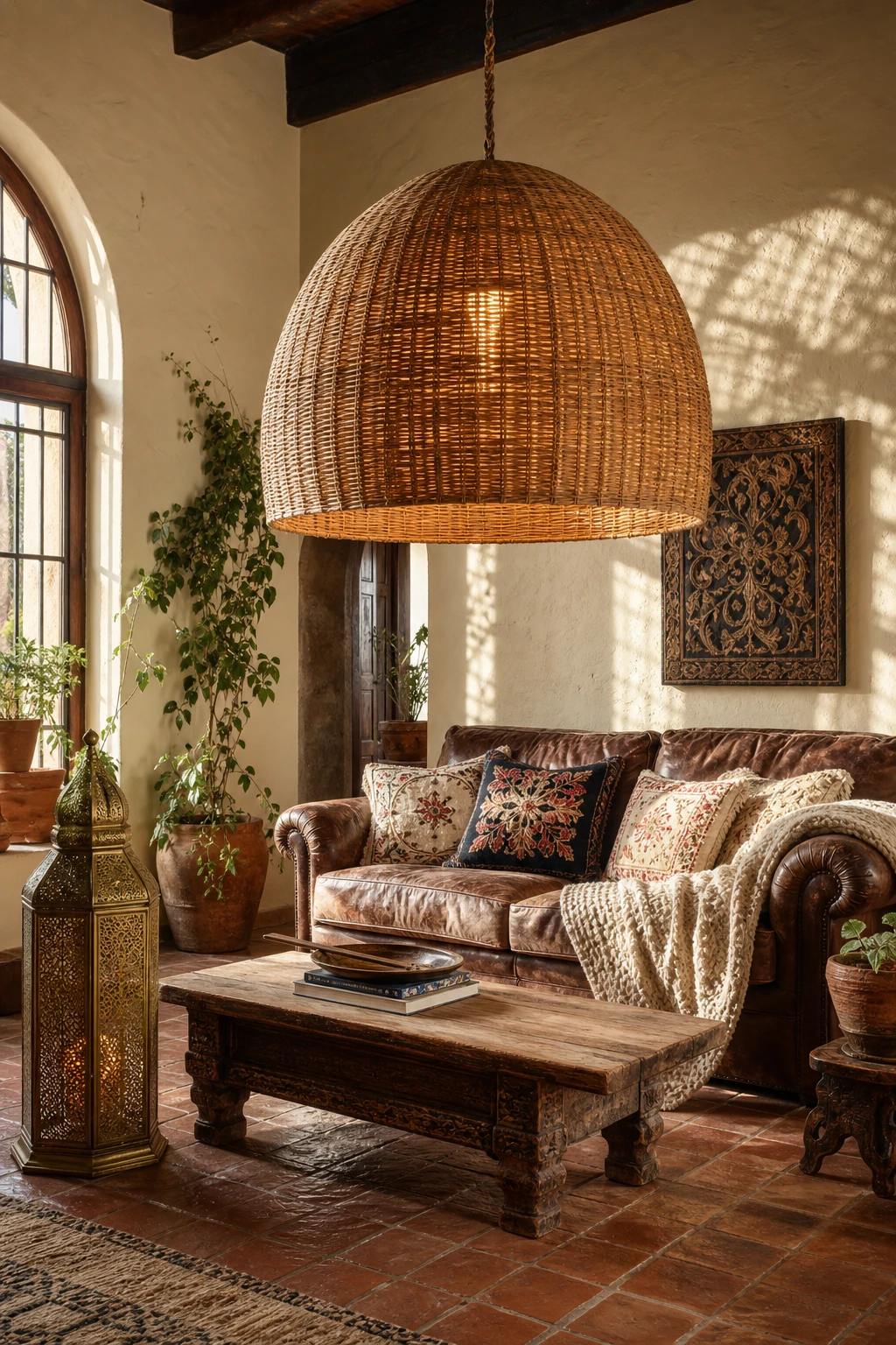 Rustic Spanish decor living room with a large rattan pendant light as hero, terracotta floor tiles, whitewashed walls in Farrow & Ball Straw paint, and handwoven textiles
