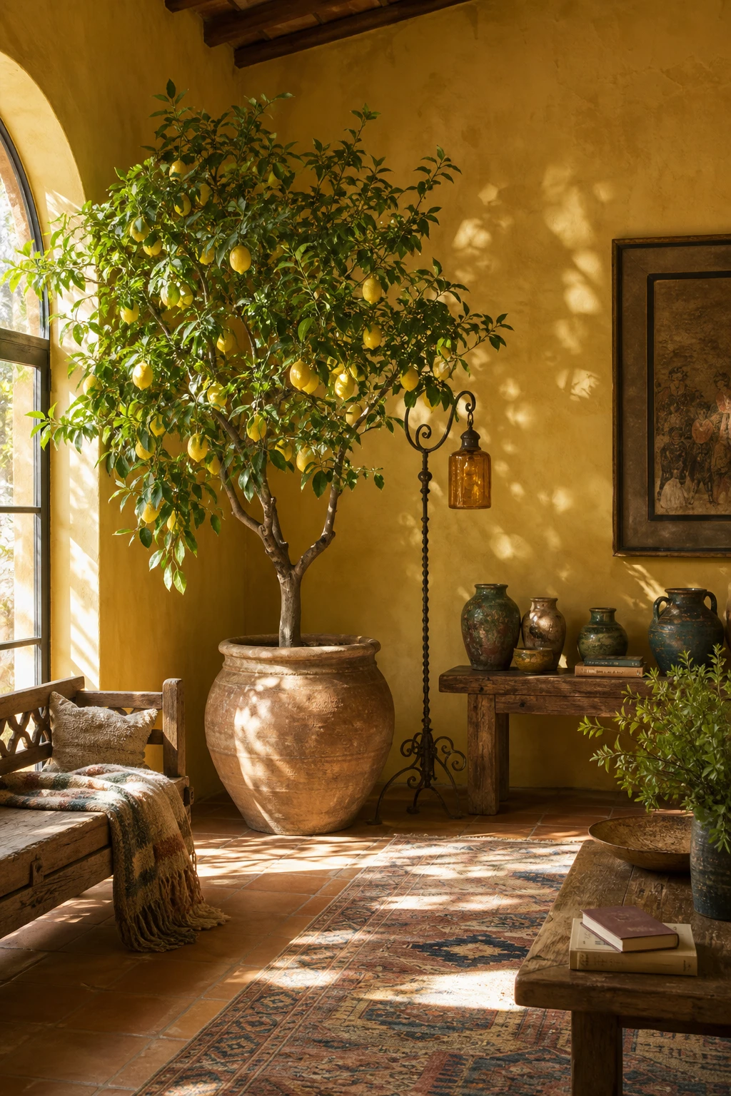 Rustic Spanish decor living room with a potted lemon tree as the hero, terracotta floor tiles, whitewashed walls in India Yellow, and wrought iron accents