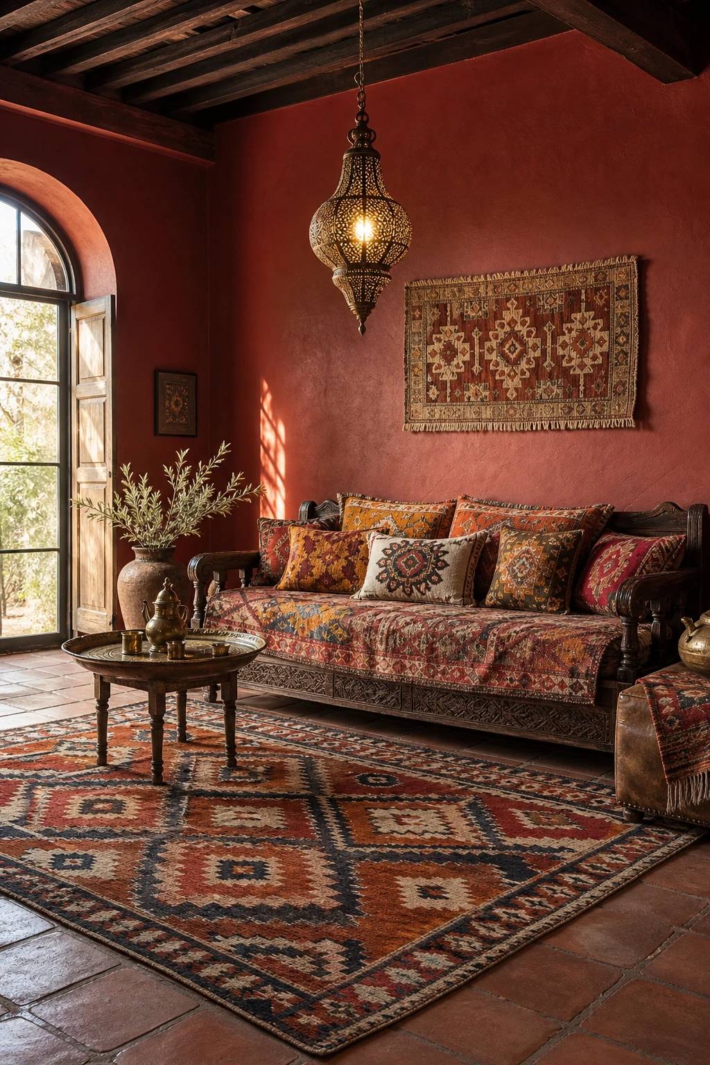 Rustic Spanish decor living room with boho layering, kilim rugs, embroidered cushions, wrought iron lantern, terracotta floor tiles, and Fox Red painted wall