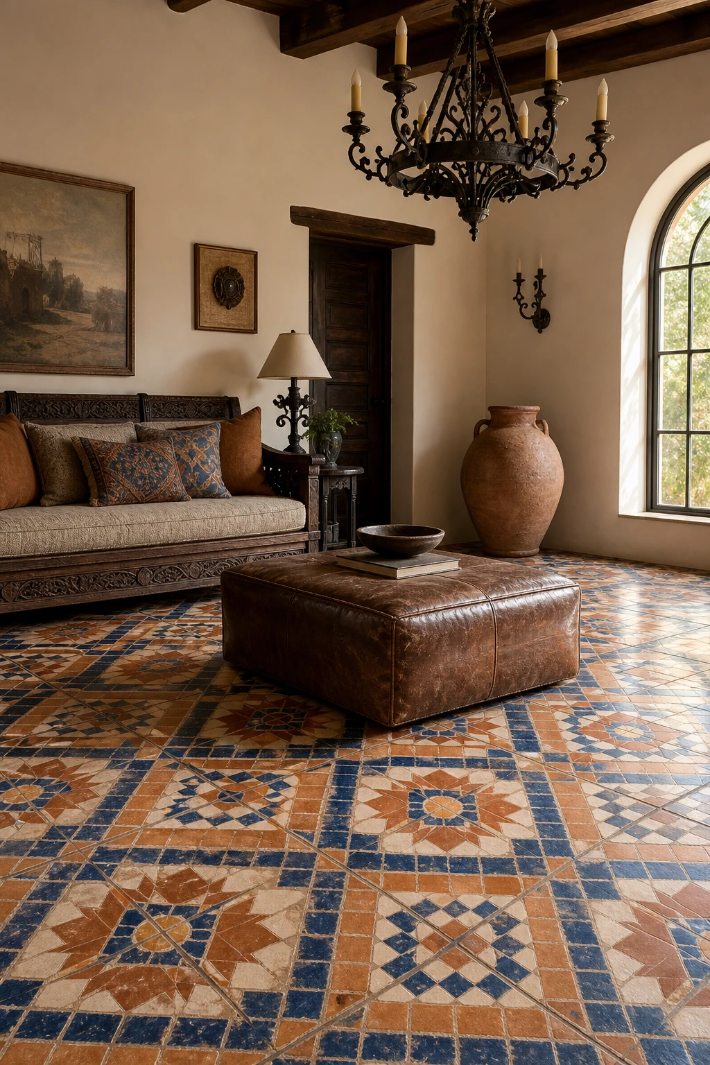 Rustic Spanish decor living room with bold geometric patterned tile floor as the hero, whitewashed walls, wrought iron chandelier, and low wooden furniture