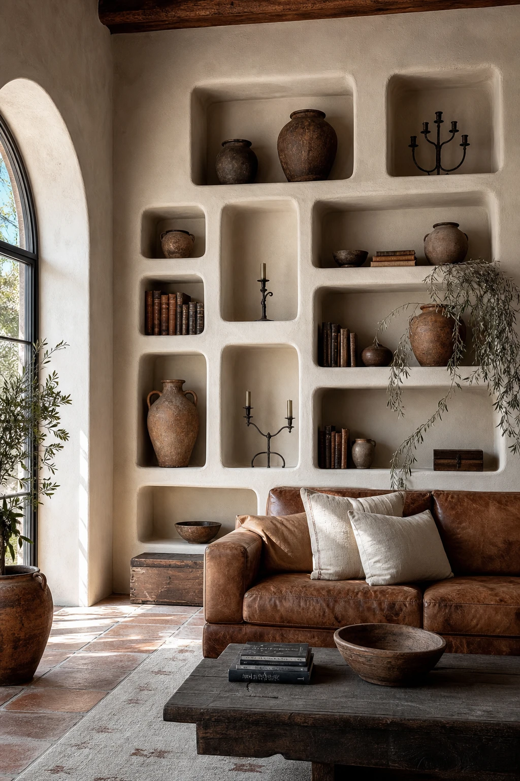 Rustic Spanish decor living room with built in stucco shelves as the hero, warm white walls, terracotta floor tiles, hand thrown pottery and iron candle holders