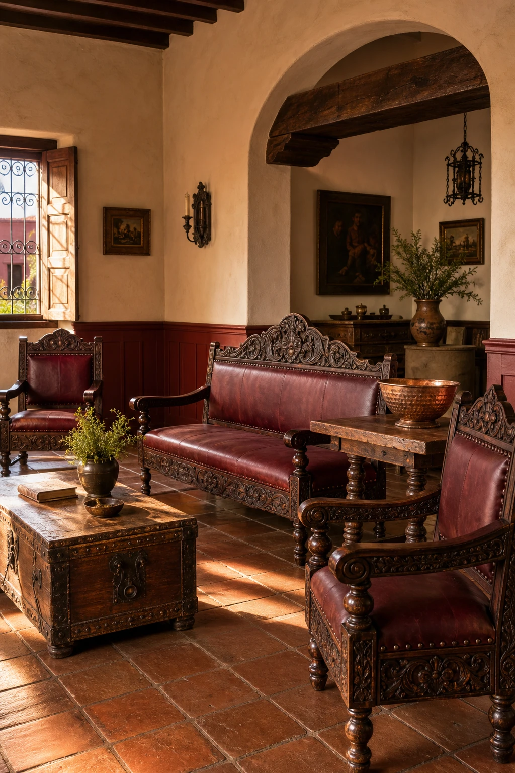 Rustic Spanish decor living room with carved wood furniture as the hero, arched doorway, wrought iron chandelier, terracotta tiles, and warm afternoon light