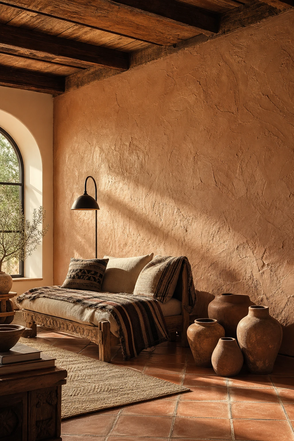 Rustic Spanish decor living room with clay wall finish as the hero, warm terracotta tones, carved wood ceiling beams, handwoven textiles and a saltillo tile floor