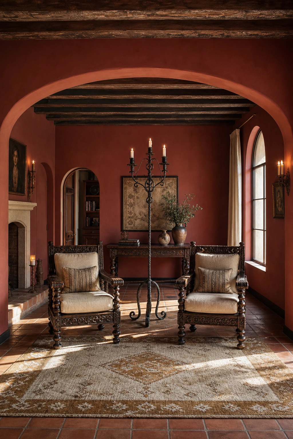 Rustic Spanish decor living room with colonial grandeur symmetry, dark carved wood beams, arched doorway, terracotta floor tiles and Farrow & Ball Singed Red walls