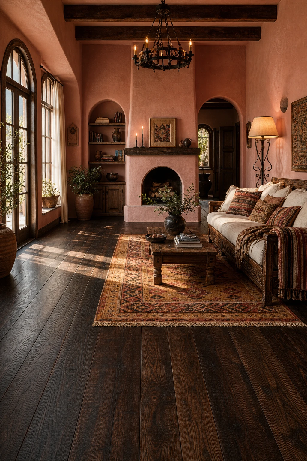 Rustic Spanish decor living room with dark hardwood floors as the hero, terracotta walls in Farrow and Ball Folly Pink, carved wood furniture and wrought iron accents