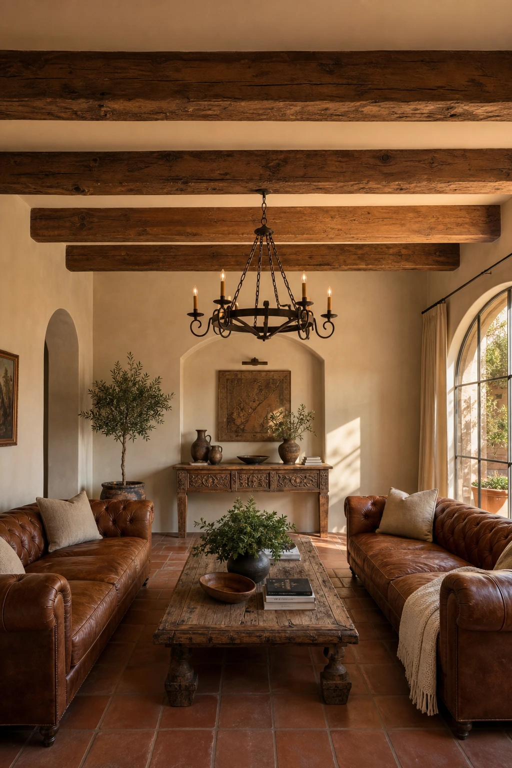 Rustic Spanish decor living room with exposed ceiling beams as hero, whitewashed walls in warm neutral, terracotta floor tiles, wrought iron chandelier, and leather seating