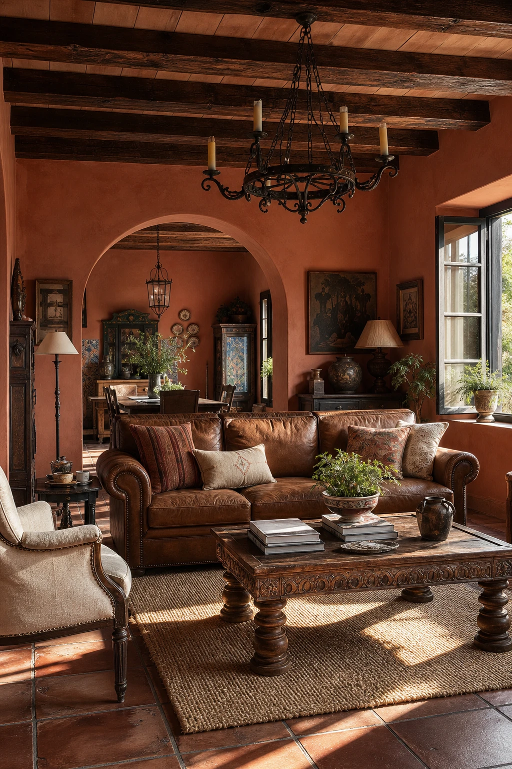 Rustic Spanish decor living room with exposed timber beams, terracotta tile floor, wrought iron chandelier and arched doorway painted in warm earthy tones