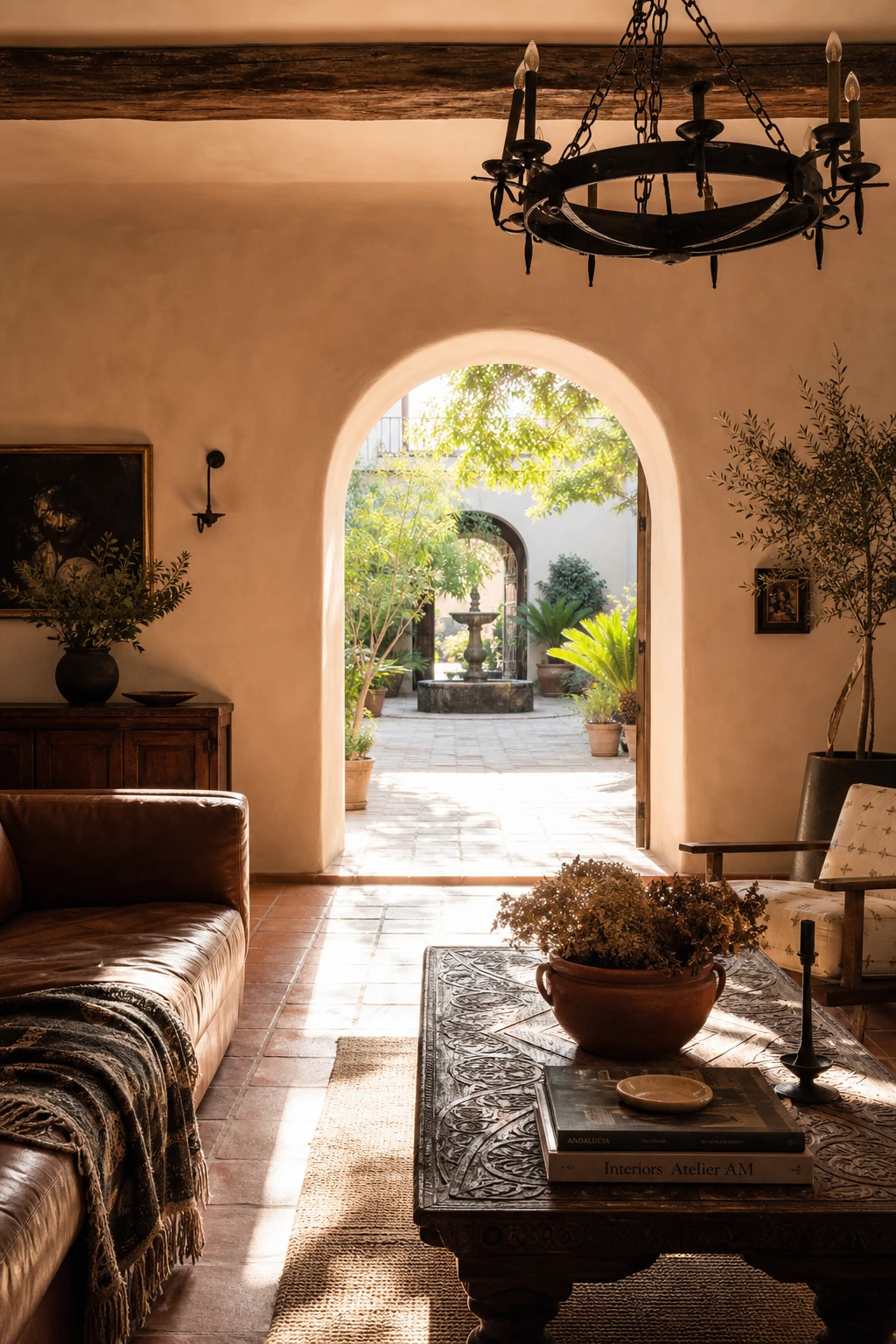 Rustic Spanish decor living room with hacienda feel, arched doorway opening to courtyard, terracotta floors, exposed timber beams, and earthy Farrow & Ball Duster painted walls