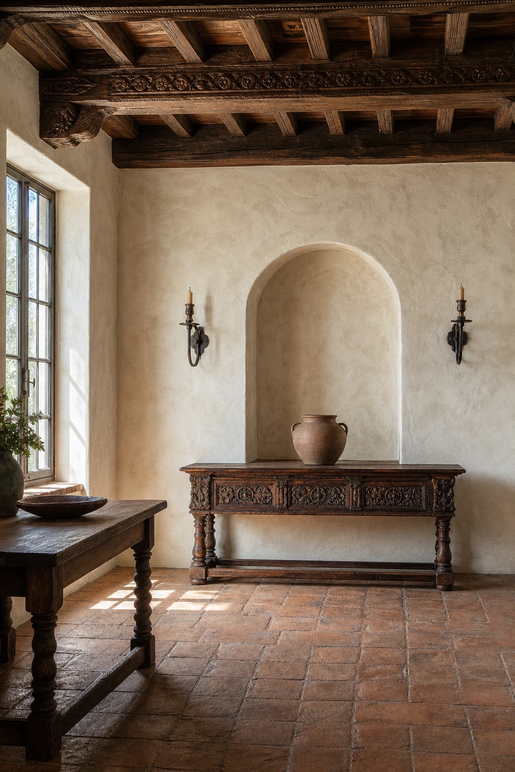Rustic Spanish decor living room with limewash walls glowing warm white, arched niches, terracotta floor tiles, hand forged iron sconces and a carved wooden ceiling