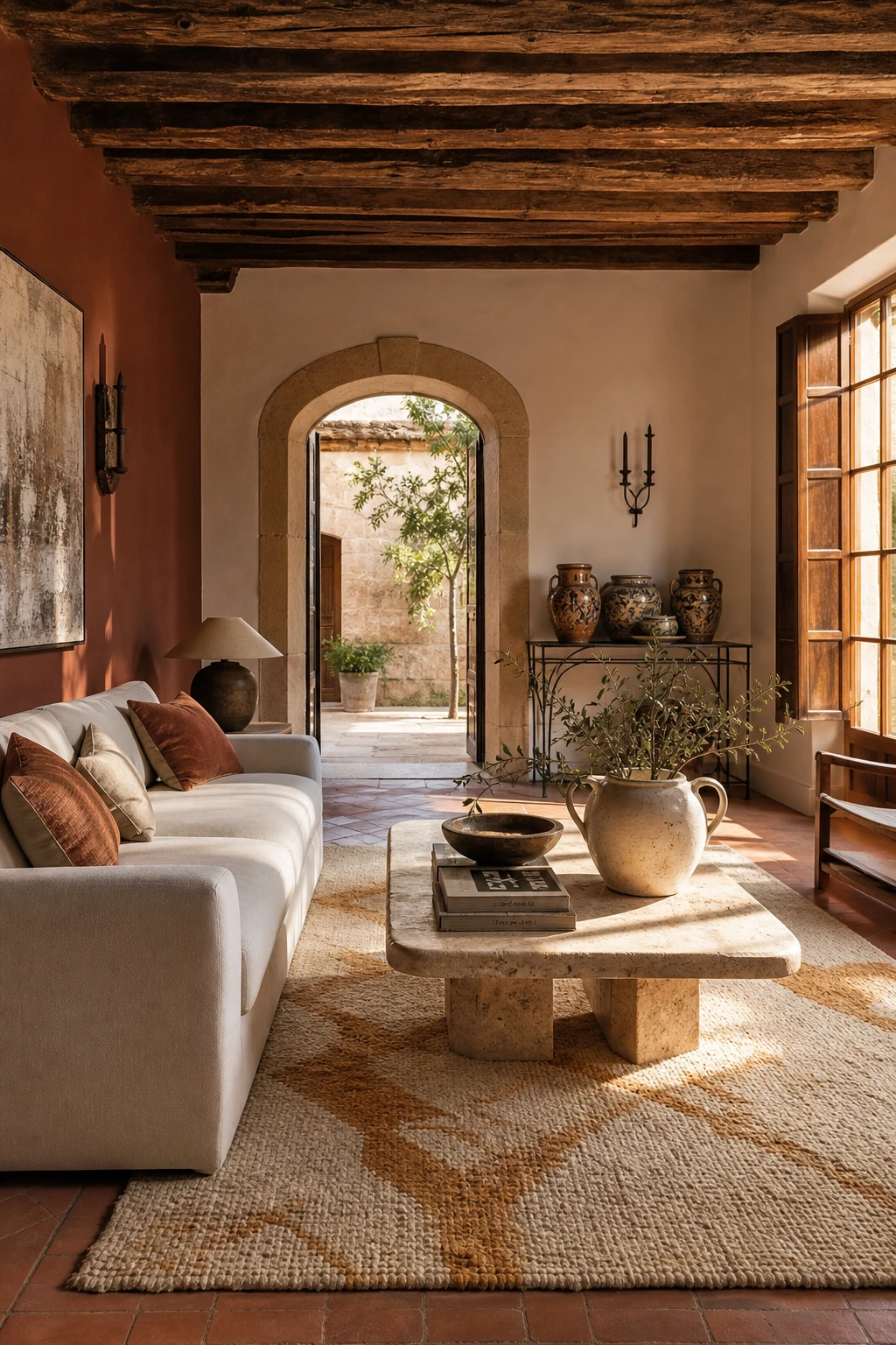 Rustic Spanish decor living room with modern furniture mix, terracotta floor tiles, whitewashed walls painted Red Earth, exposed timber beams, and arched doorway in warm afternoon light