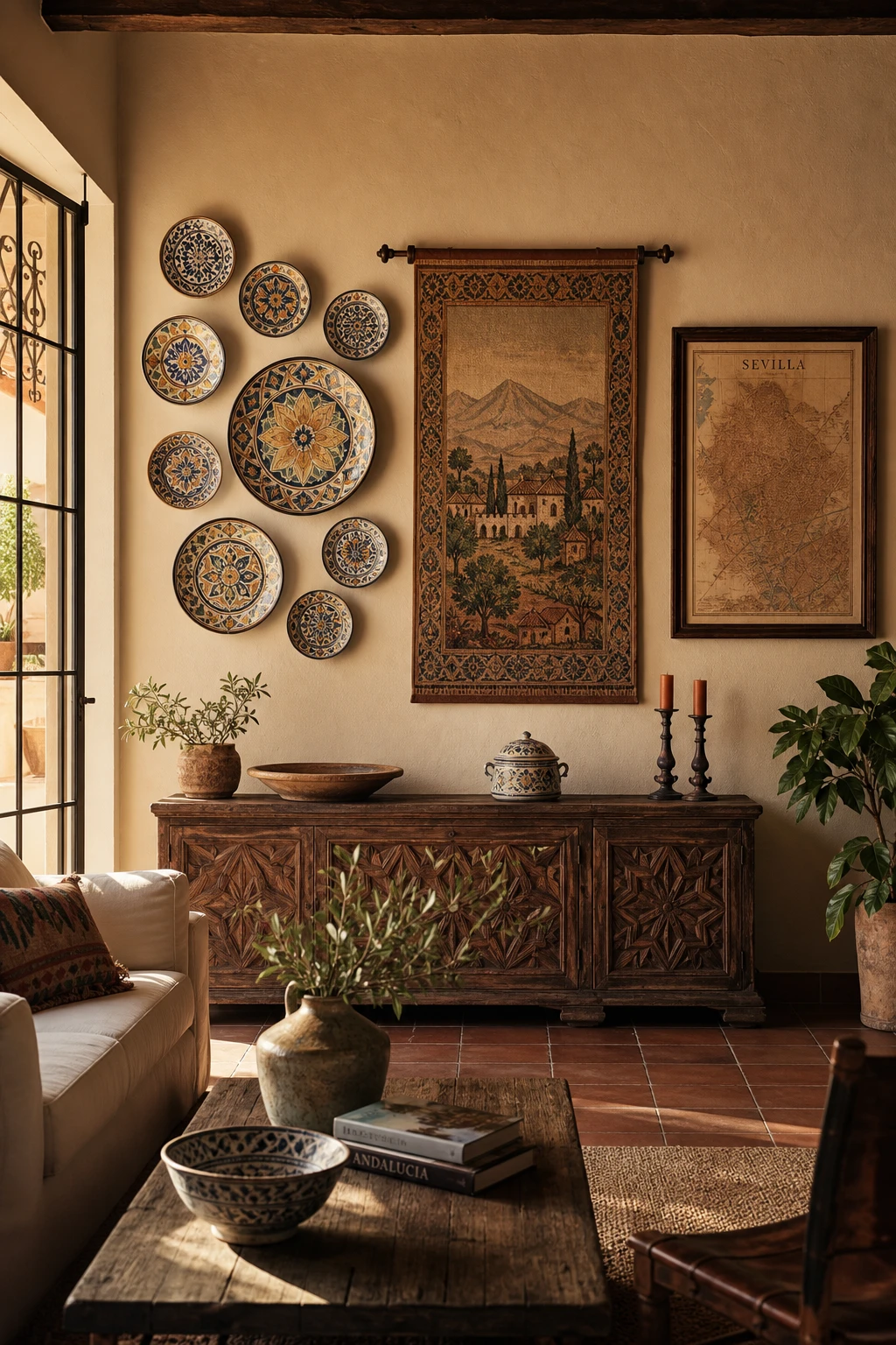 Rustic Spanish decor living room with Spanish wall art as hero, handcrafted ceramic plates and woven tapestry on Farrow & Ball Tallow walls, warm afternoon light