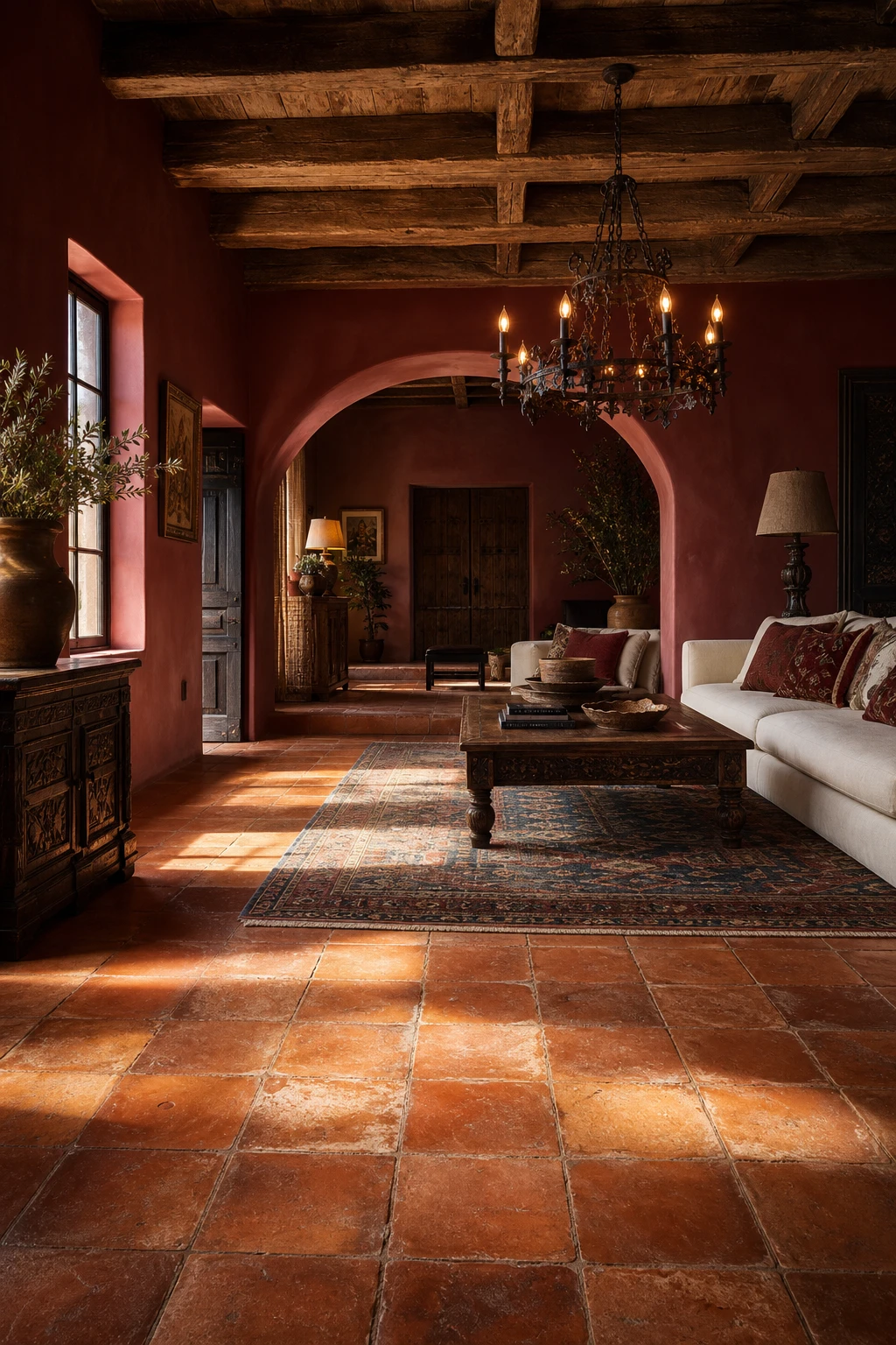 Rustic Spanish decor living room with warm Saltillo tile floor, exposed beam ceiling, arched doorway, terracotta walls in Farrow and Ball Book Room Red, and iron chandelier