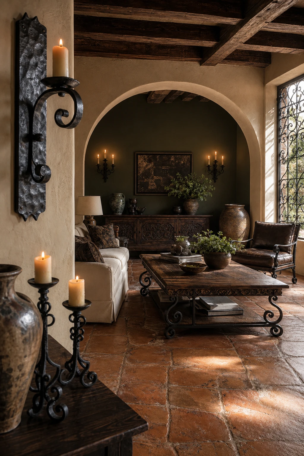 Rustic Spanish decor living room with wrought iron accents on wall sconces, candle holders, window grille and coffee table base against warm brown walls