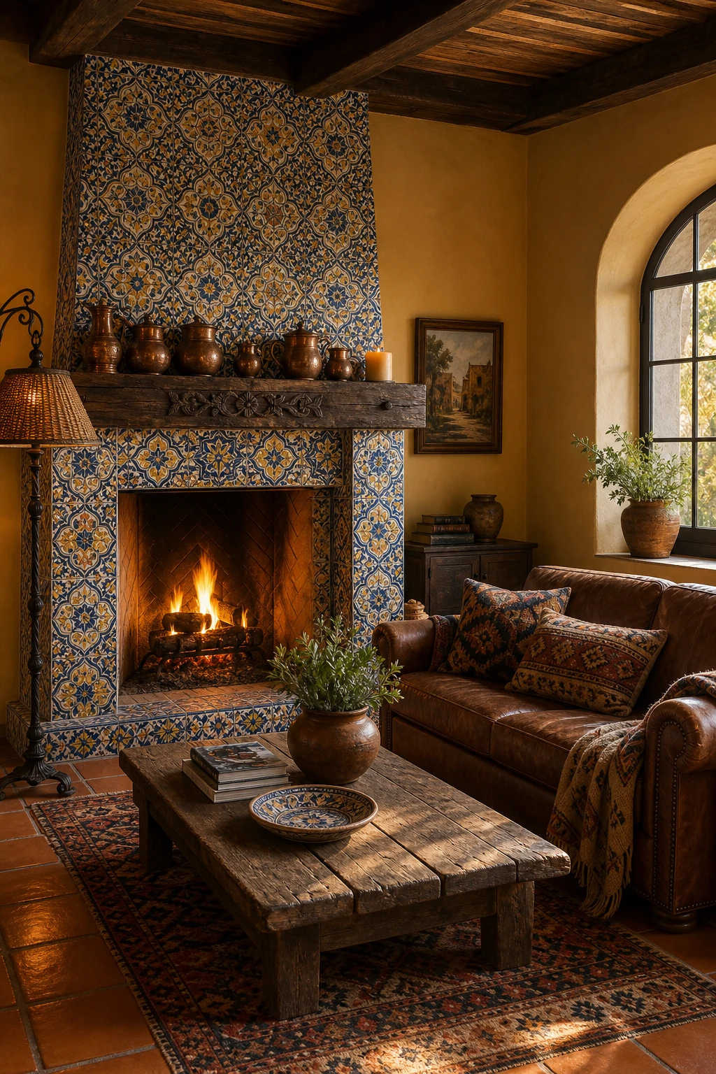Rustic Spanish living room with a Mediterranean fireplace hero, hand painted Talavera tile surround, carved wood mantel, warm terracotta floor, and Farrow & Ball Marmelo walls