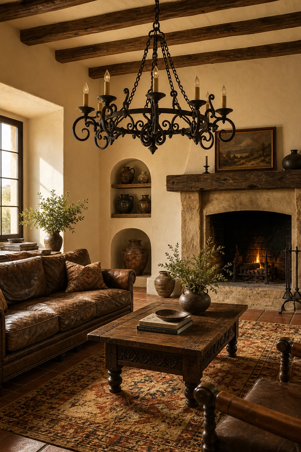 Rustic Spanish living room with a wrought iron chandelier as centrepiece, whitewashed walls in Farrow and Ball Cord, terracotta floor tiles and heavy timber beams overhead