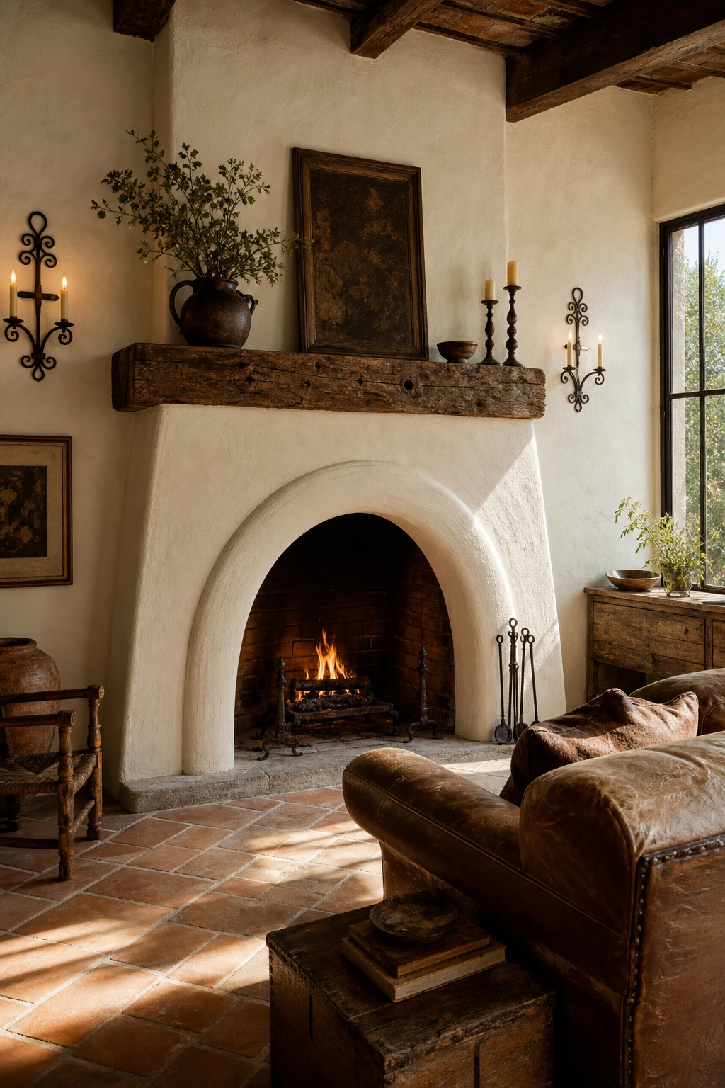 Rustic Spanish living room with an arched fireplace surround painted Old White, terracotta floor tiles, heavy timber mantel, and wrought iron candle sconces on textured plaster walls