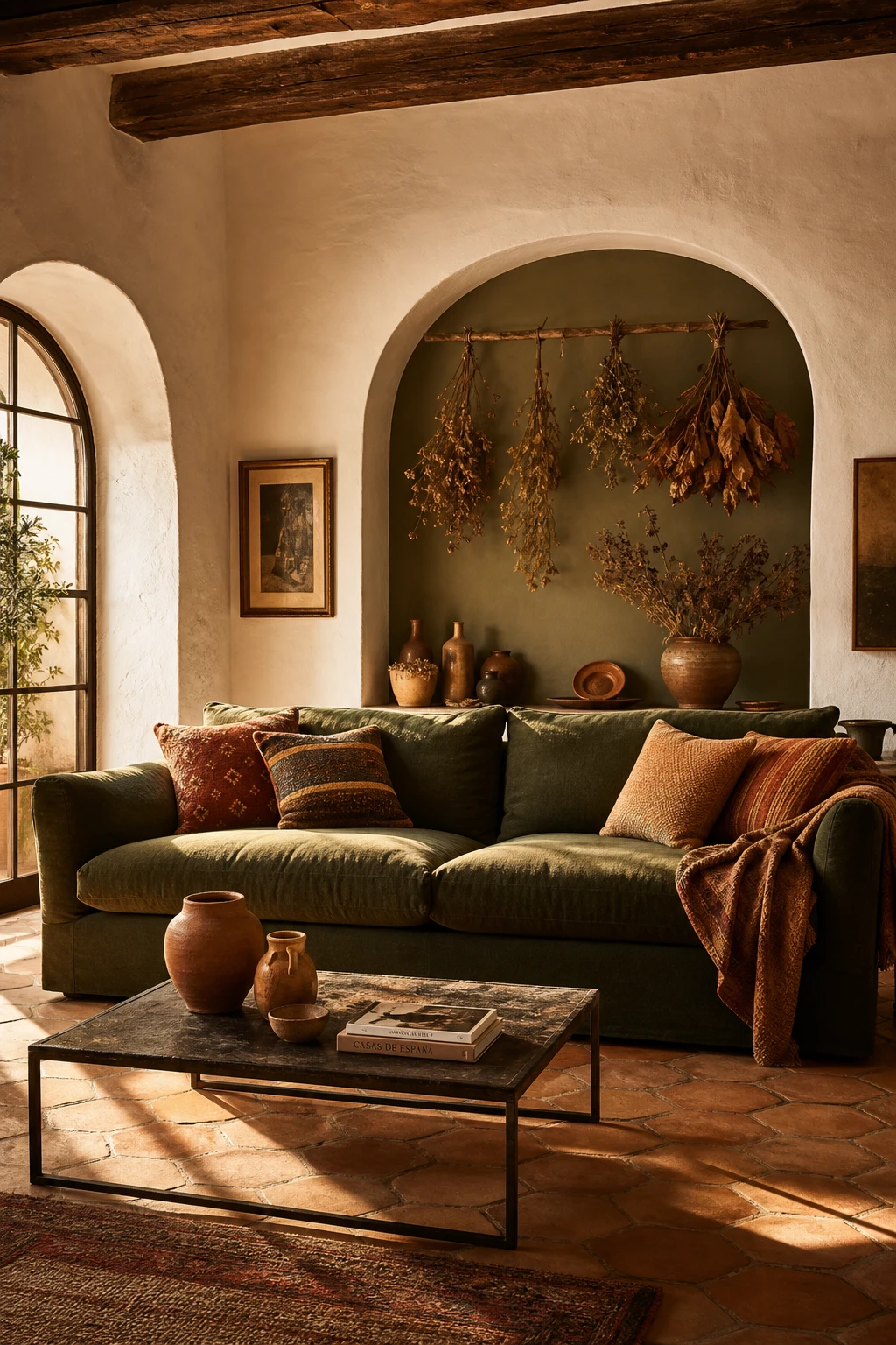 Rustic Spanish living room with an earthy green sofa as the focal point, terracotta tile floors, exposed wooden ceiling beams, and arched whitewashed walls