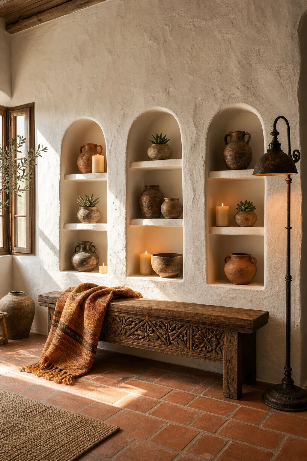 Rustic Spanish living room with curved adobe shelving niches displaying ceramics and candles, walls in Farrow & Ball White Tie warm white paint, terracotta floor tiles