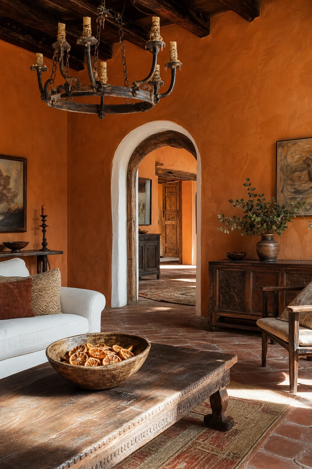 Rustic Spanish living room with glowing orange plaster walls, carved wood ceiling beams, terracotta tile floor, wrought iron chandelier and arched doorway