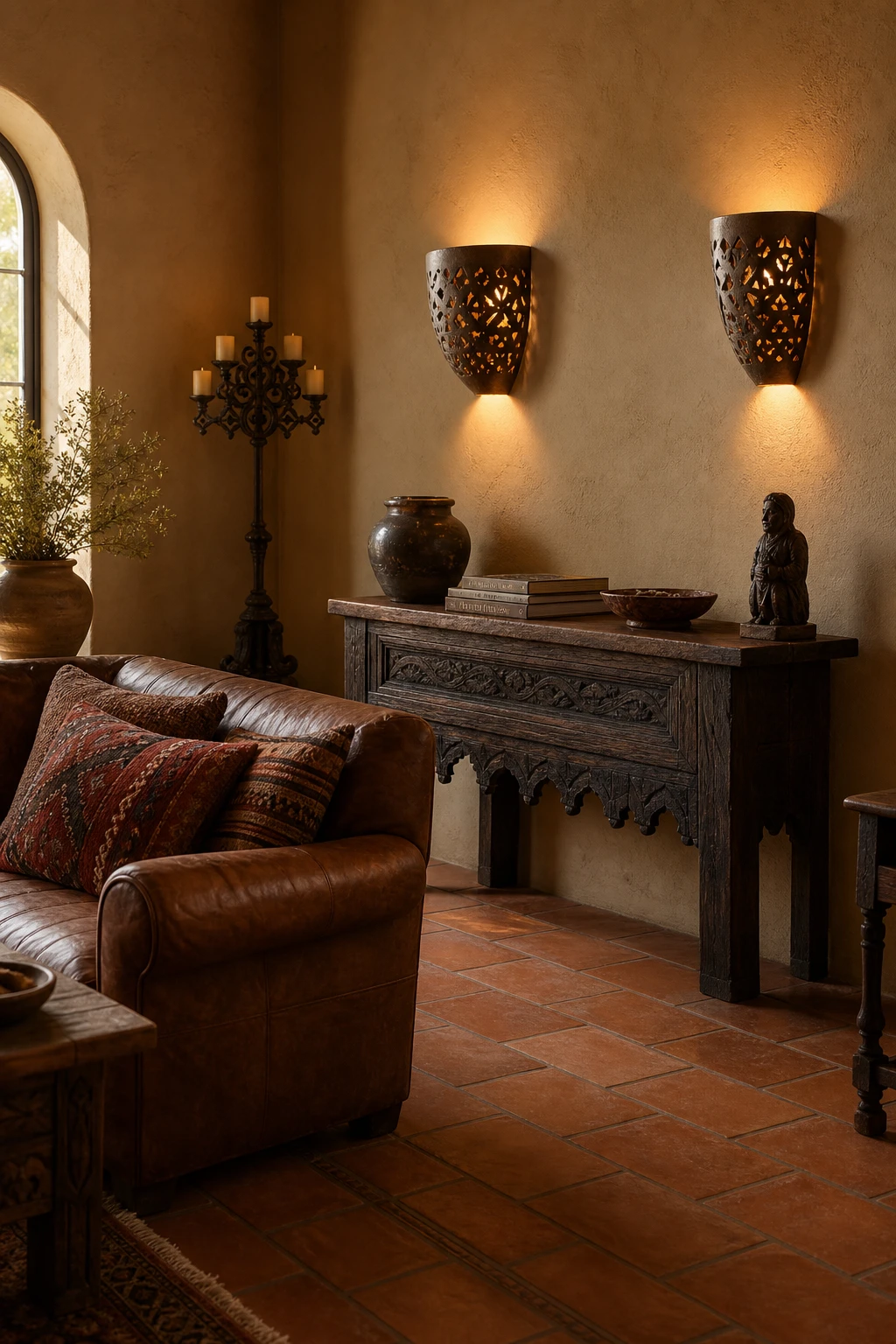 Rustic Spanish living room with handmade ceramic wall sconces casting warm amber glow, whitewashed walls painted Farrow and Ball Matchstick, terracotta floor tiles and carved wood details