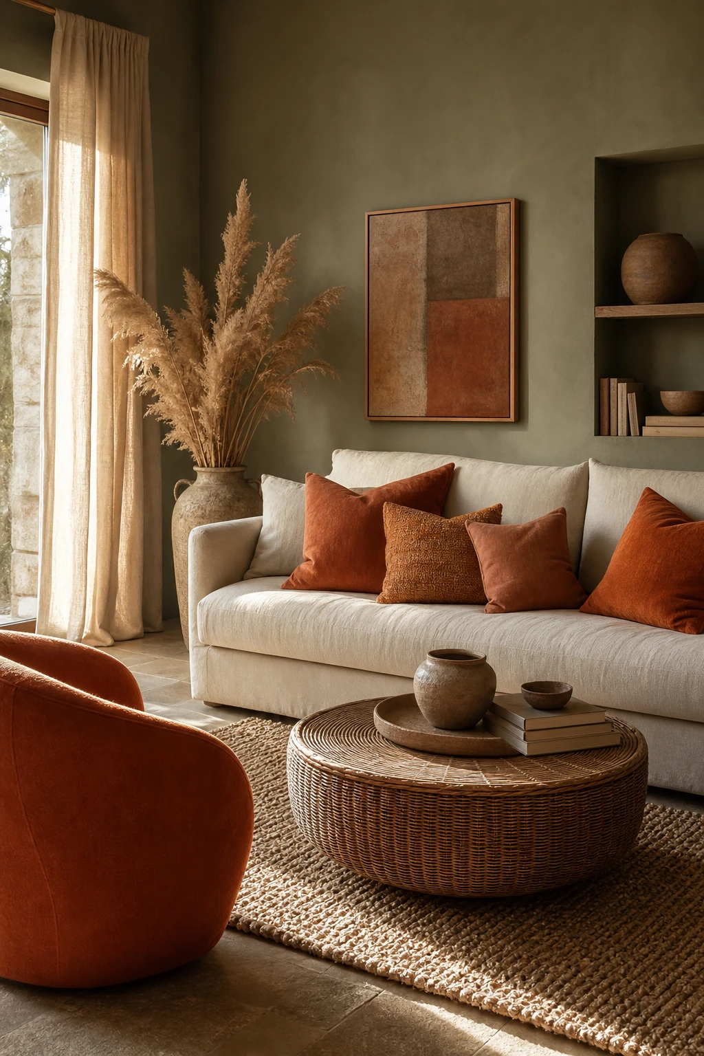 Sage green and burnt orange living room with soft linen sofa, rattan accents, terracotta cushions and Farrow and Ball Mizzle painted walls in warm afternoon light