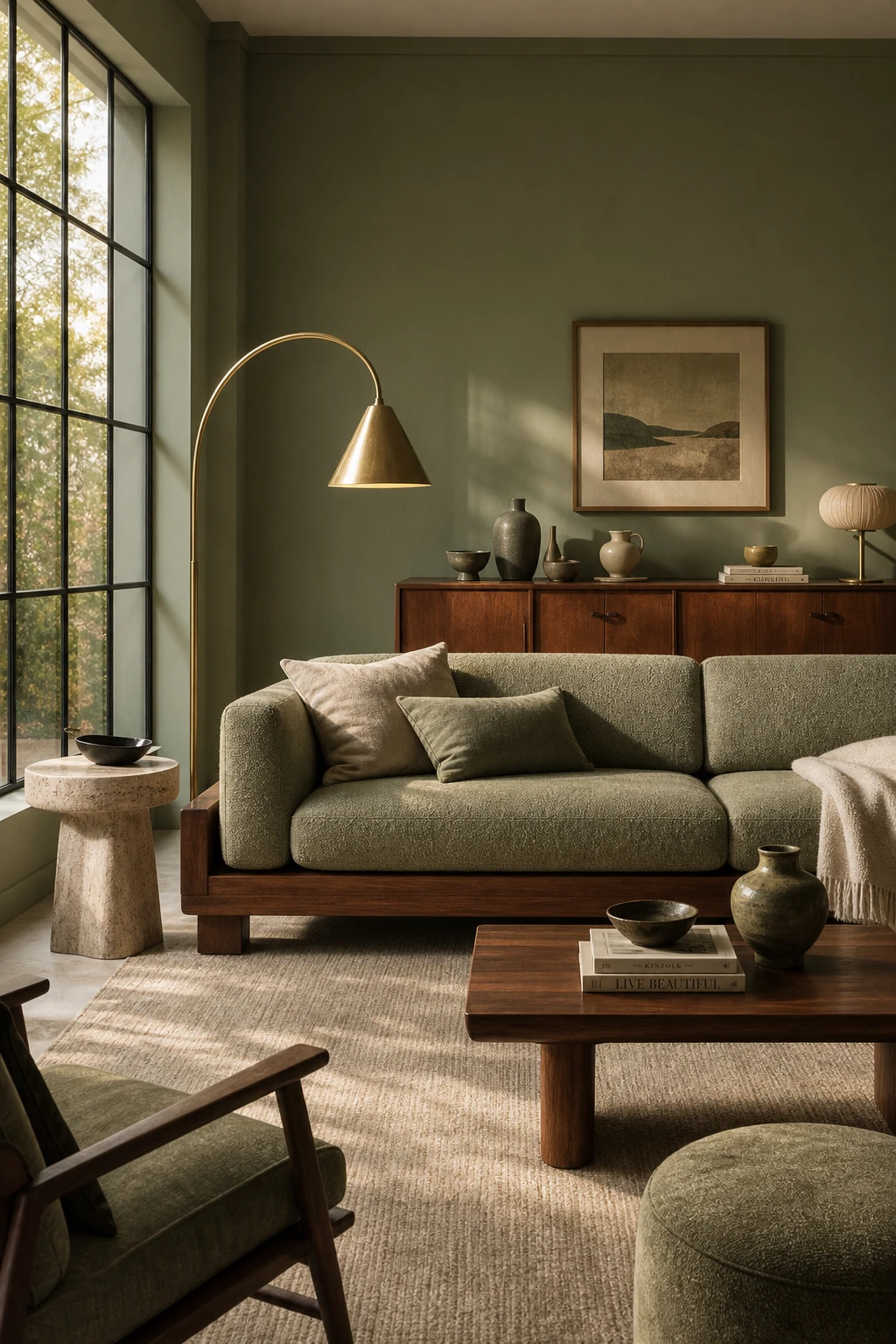 Sage green mid century modern living room with tone on tone palette, walnut furniture, and Farrow and Ball Mizzle walls in warm afternoon light