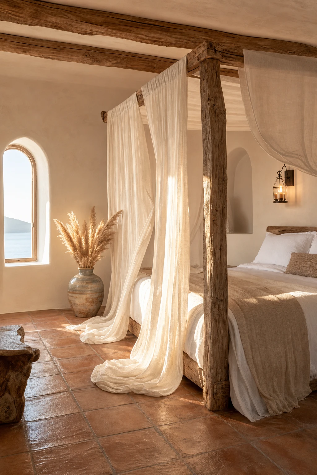 Santorini inspired Greek Mediterranean bedroom with a dramatic linen canopy bed framed by whitewashed plaster walls painted Cabbage White, sheer drapes, and terracotta floor tiles