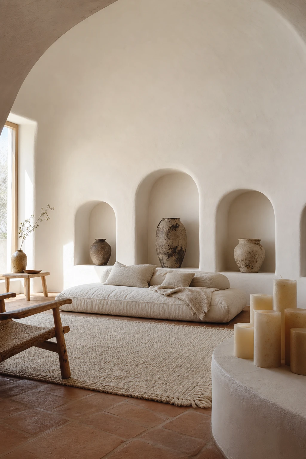 Santorini style living room with curved whitewashed walls and sculptural arched niches, terracotta floor tiles, linen seating, and domed ceiling in cool white