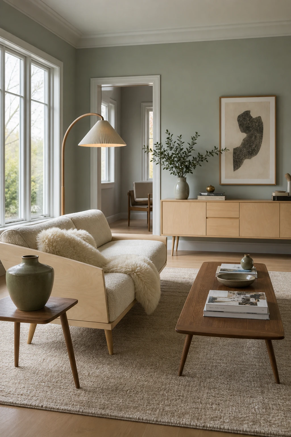 Scandi mid century modern living room with sage green French Gray walls, pale birch furniture, sheepskin throws, and large north facing windows flooding the space with cool natural light
