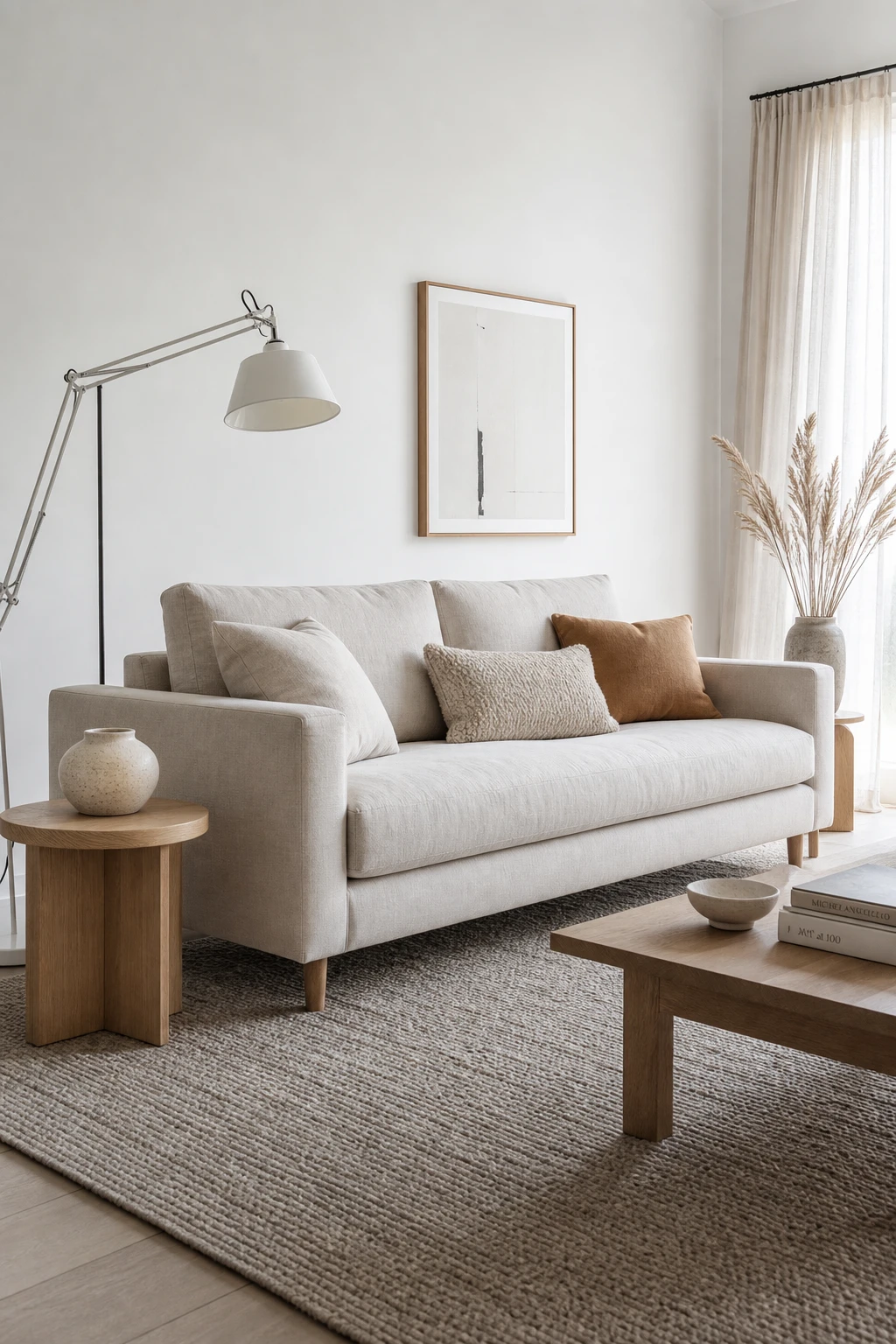 Scandi white living room with clean lined furniture, natural wood accents, woven textures, and Farrow and Ball Wevet walls in soft cool light