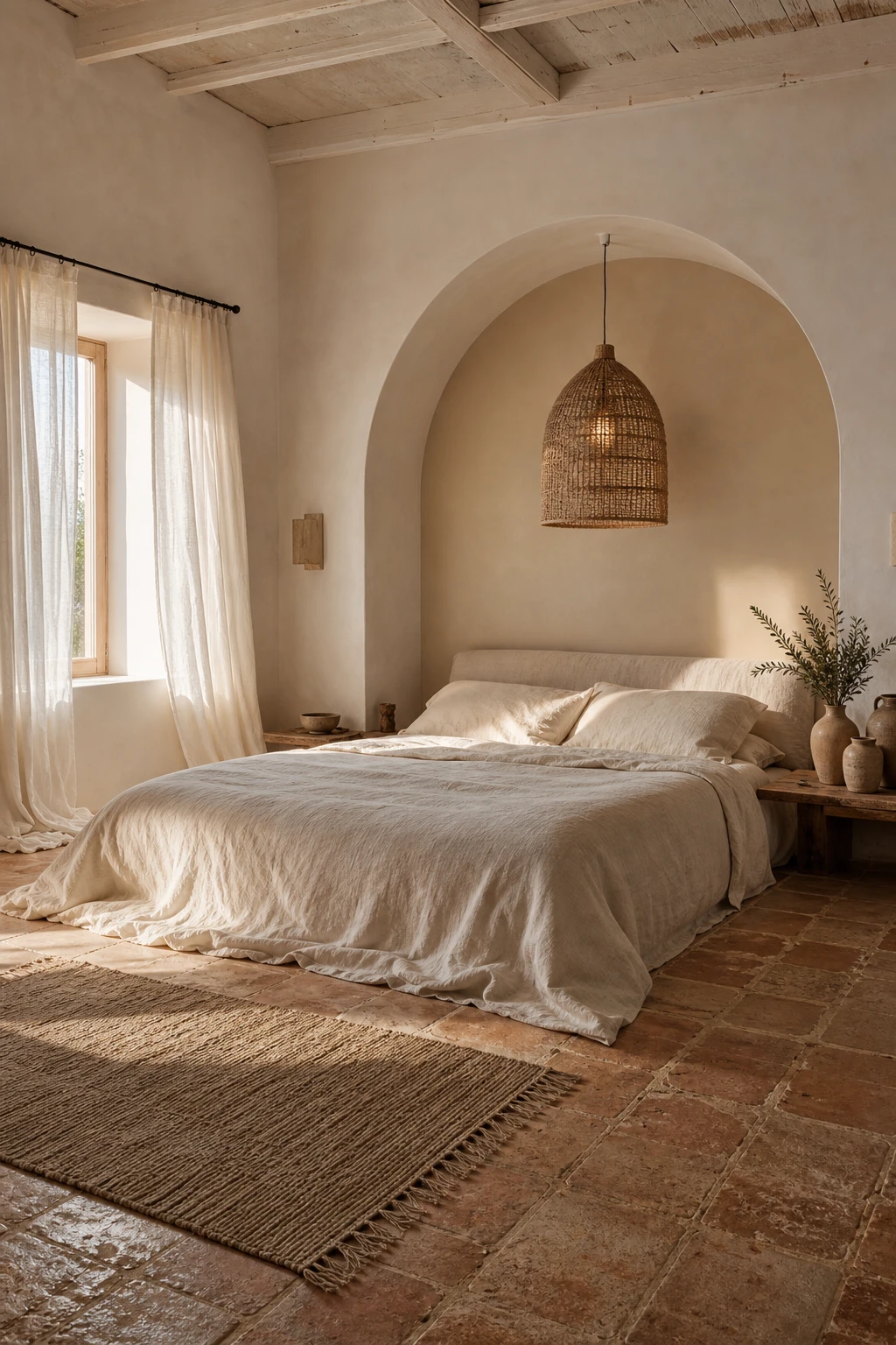 Serene Greek Mediterranean bedroom with whitewashed walls, linen bedding, terracotta floor tiles, arched alcove and warm morning light flooding through sheer curtains