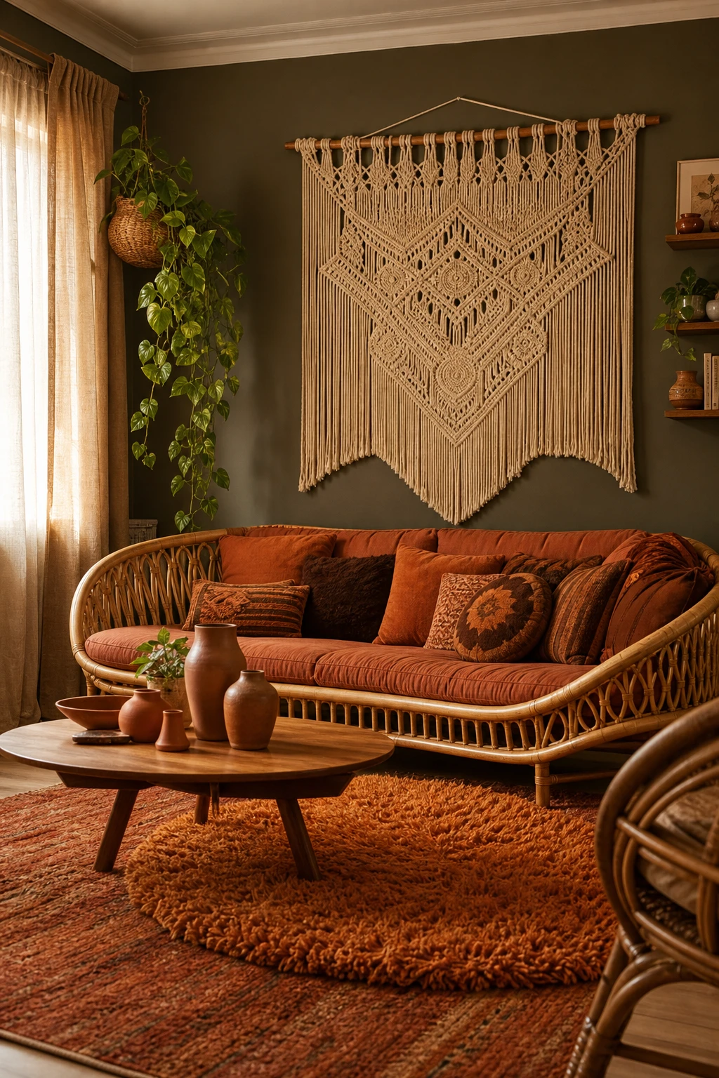 Seventies boho brown and orange living room with macrame wall hanging, rattan furniture, layered rugs, patterned cushions and Farrow Ball Menagerie walls