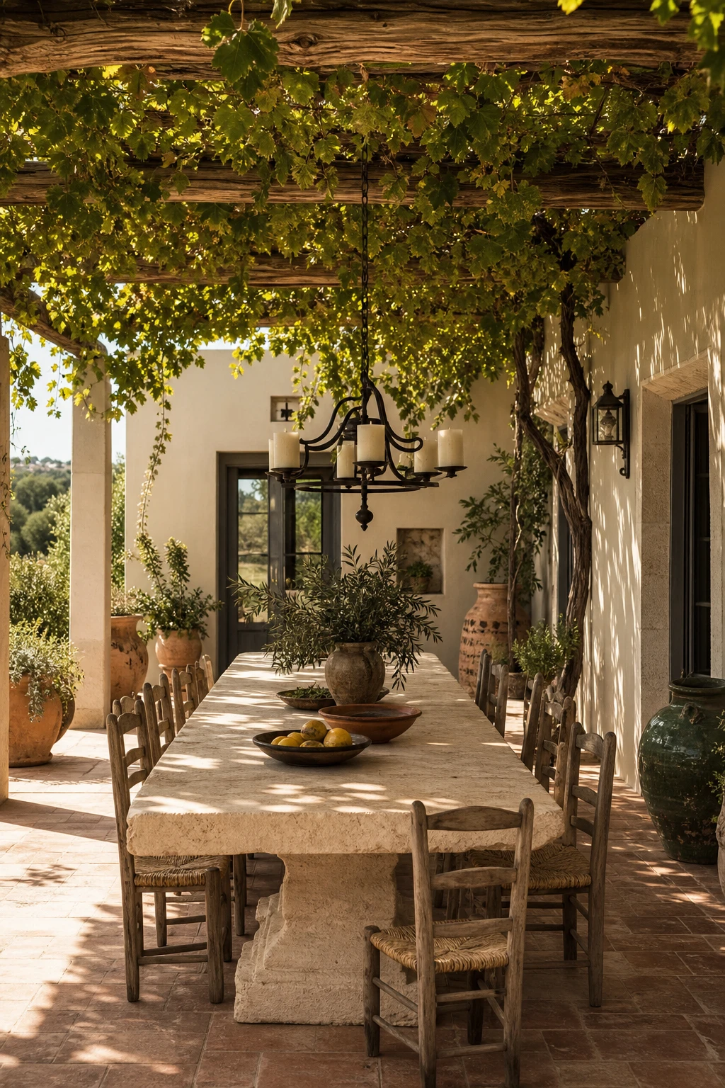 Shaded Mediterranean patio dining area with a pergola draped in vines, a long stone table, terracotta floor tiles and Farrow & Ball Oxford Stone rendered walls