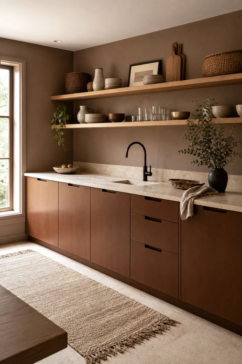 Single wall brown and beige kitchen with warm cabinetry, open shelving, and Farrow and Ball Naperon painted wall in a compact intentional layout