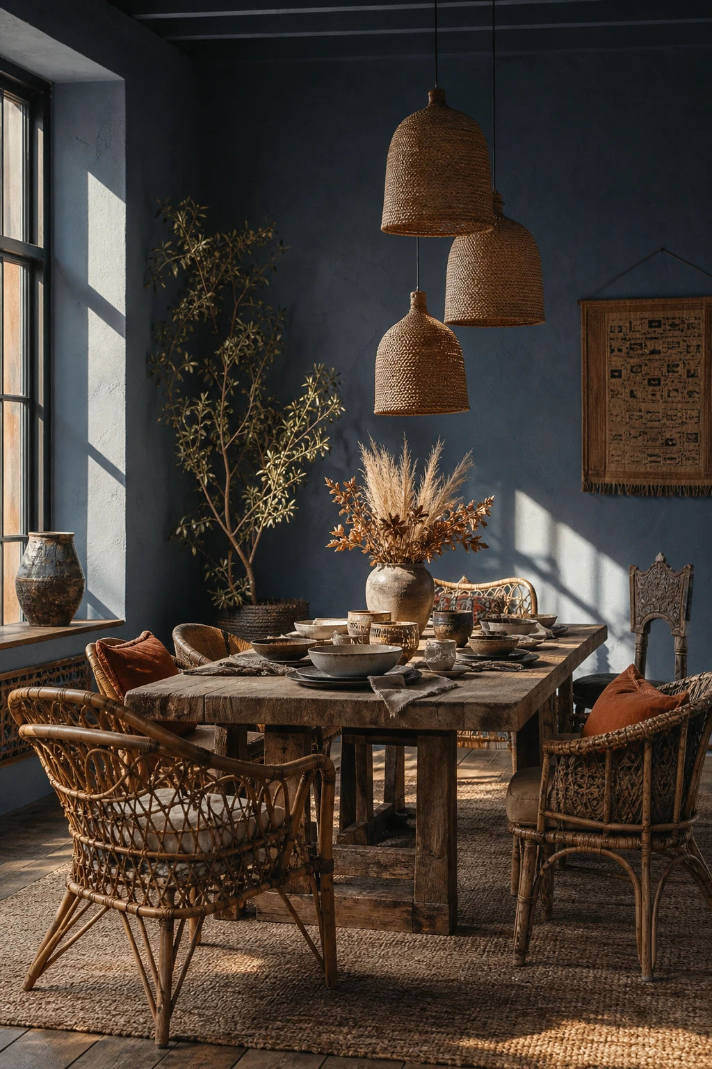 Slate blue boho dining room with Inchyra Blue walls, rattan pendants, woven textiles, raw wood table and layered ceramic tableware in warm natural light