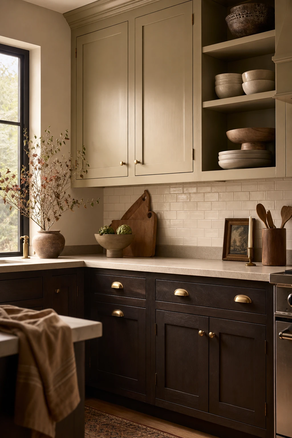 Small brown and beige kitchen with two tone cabinets, dark lower and light upper, warm natural light, open shelving, brass hardware, stone countertop