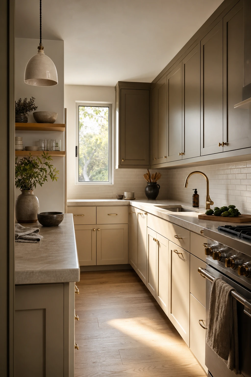 Small brown and beige kitchen with two tone cabinets, upper cabinets in Farrow and Ball Drab and lower cabinets in warm beige, natural morning light