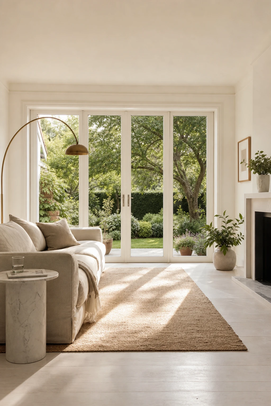 Small cozy white living room with a patio door opening to a garden, painted in Farrow & Ball White Tie, feeling open and airy